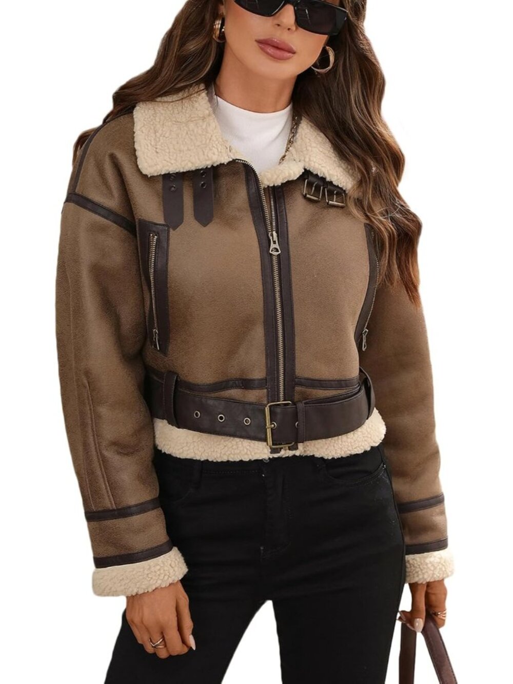 Women's Camel Faux Lamb Leather Short Jacket Loose Lapel Zipper Bomber Coat